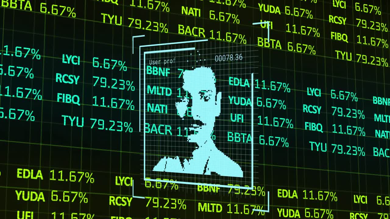 Animation of stock market over people portraits icons on black background