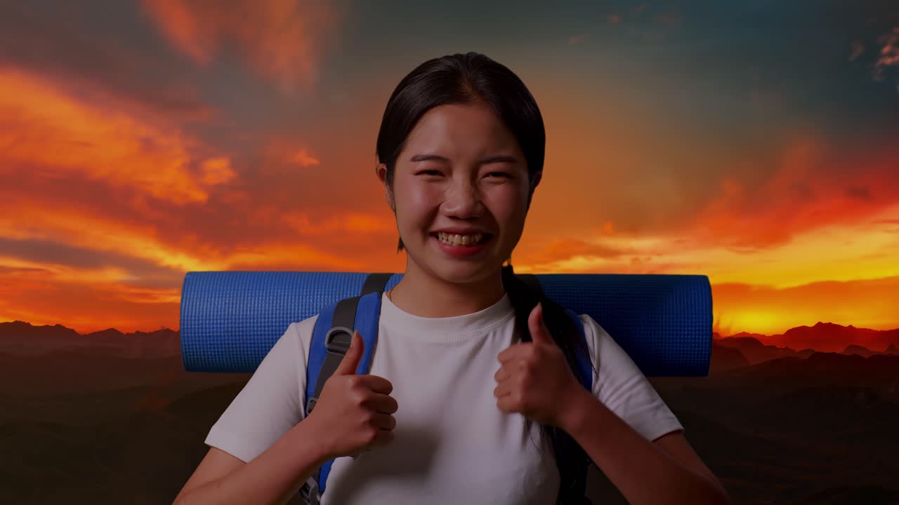 해가 지는 동안 행복한 여자 산책자