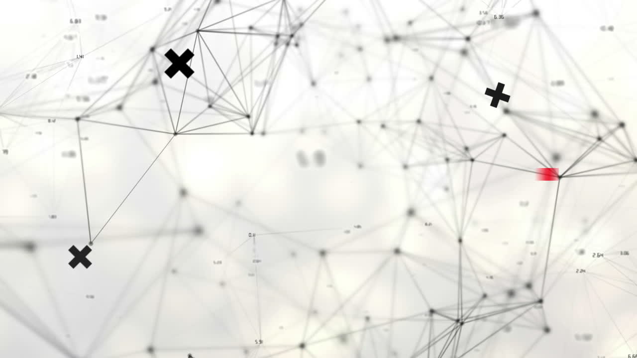 Animazione di crocette nere che ruotano su una rete di connessioni su sfondo bianco.
