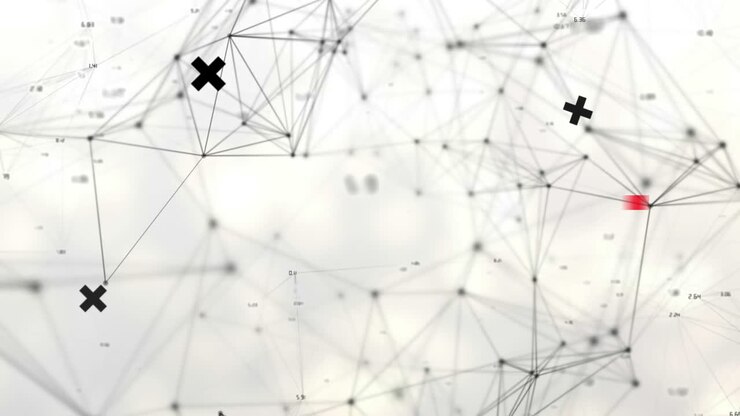 Animazione di crocette nere che ruotano su una rete di connessioni su sfondo bianco.