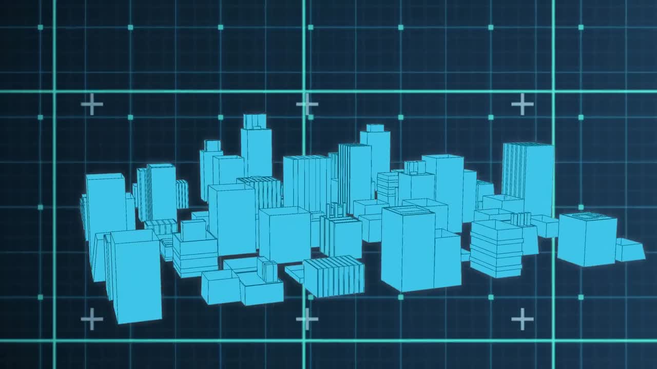 Digital animation of 3d city model spinning against grid network on blue background