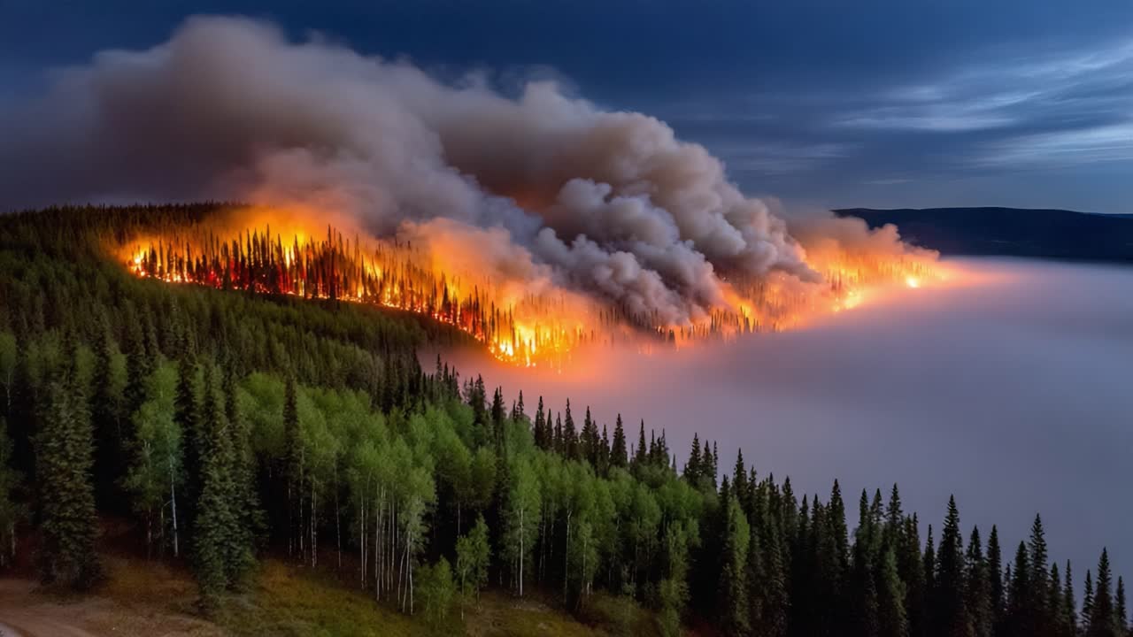 A breathtaking view of a large forest fire spreading through dense trees at dusk, with billowing smoke obscuring the landscape while flames illuminate the night sky