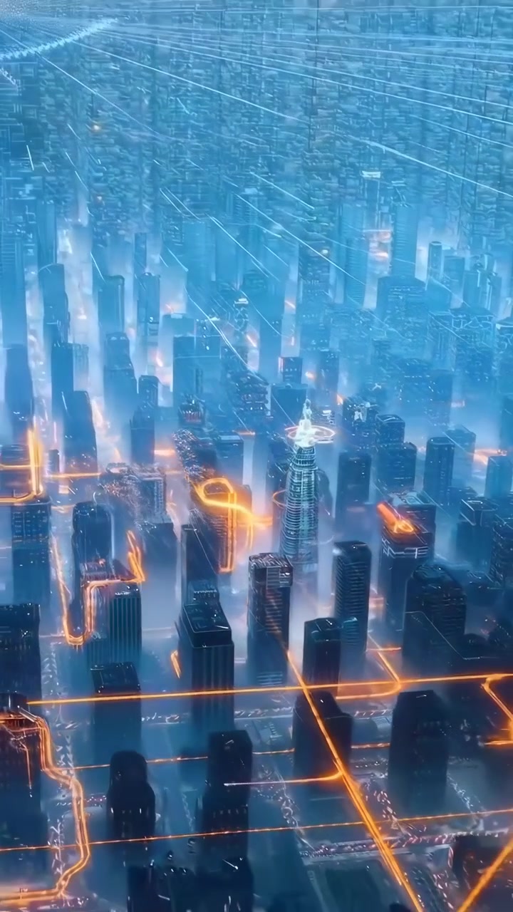 Futuristische Smart City mit leuchtendem Datennetzwerk und digitalen Verbindungen
