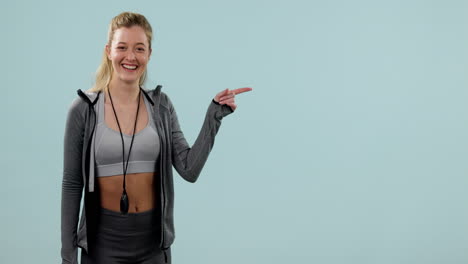 fitness, face smile and woman pointing at mockup