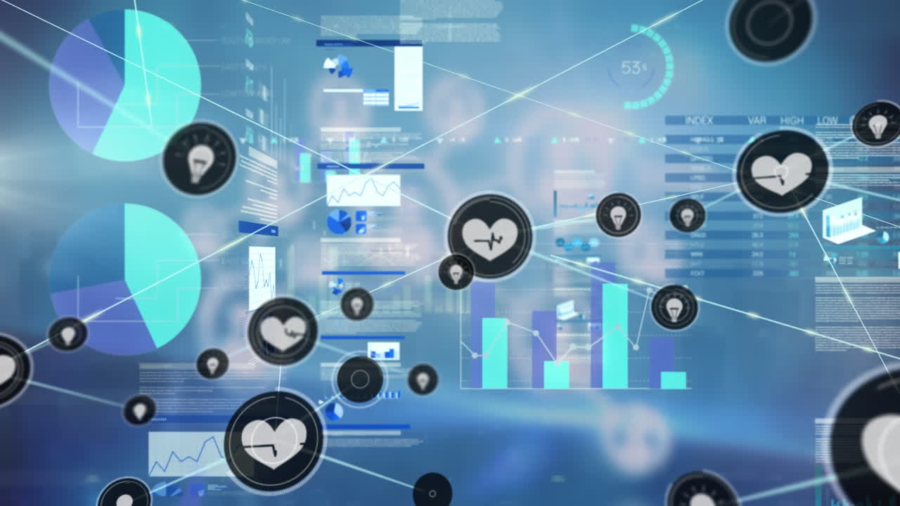 파란색 배경에 대한 통계 데이터 처리에 대한 디지털 아이콘 네트워크의 애니메이션