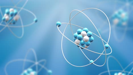 Animation-Von-Atommodellen,-Die-Sich-Auf-Blauem-Hintergrund-Drehen