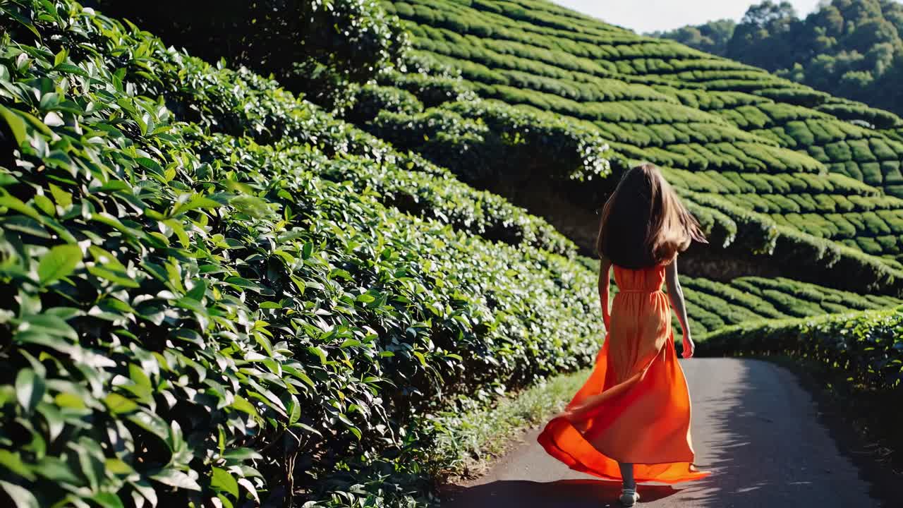 женщина в оранжевом платье на чайной плантации