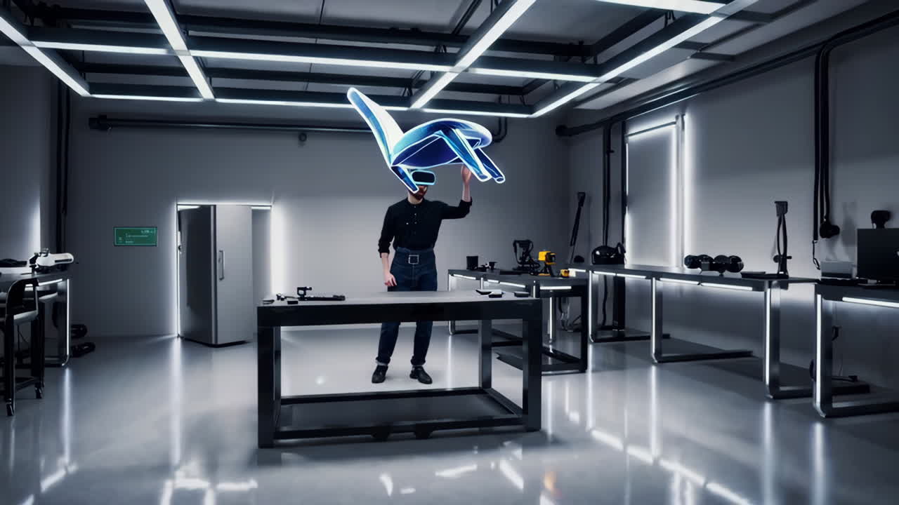 A person using augmented reality to design and interact with a virtual chair in a futuristic workshop setting