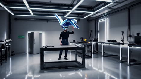 a person using augmented reality to design and interact with a virtual chair in a futuristic workshop setting