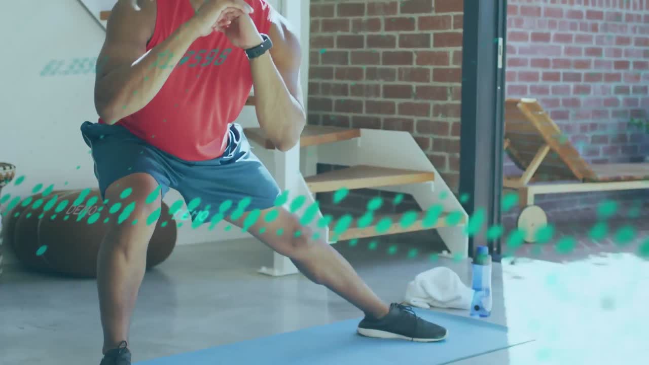 animación de procesamiento de datos sobre el hombre afroamericano estiramiento