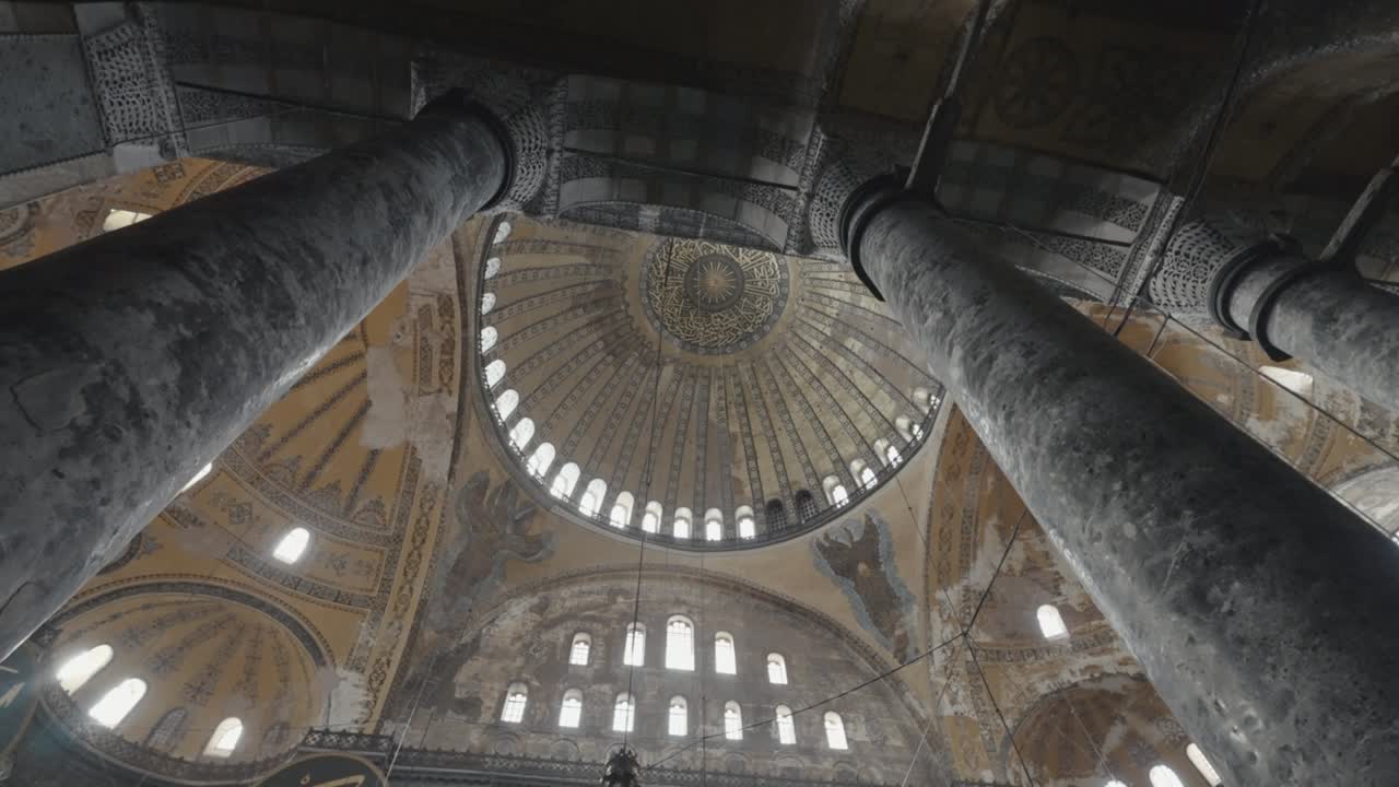 Columns and vault of temple. Action. View from below on beautiful inner vault of dome of temple. Interior of mosque or temple with columns
