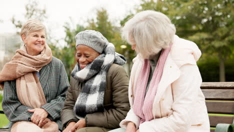 senior, funny and relax with friends on park bench