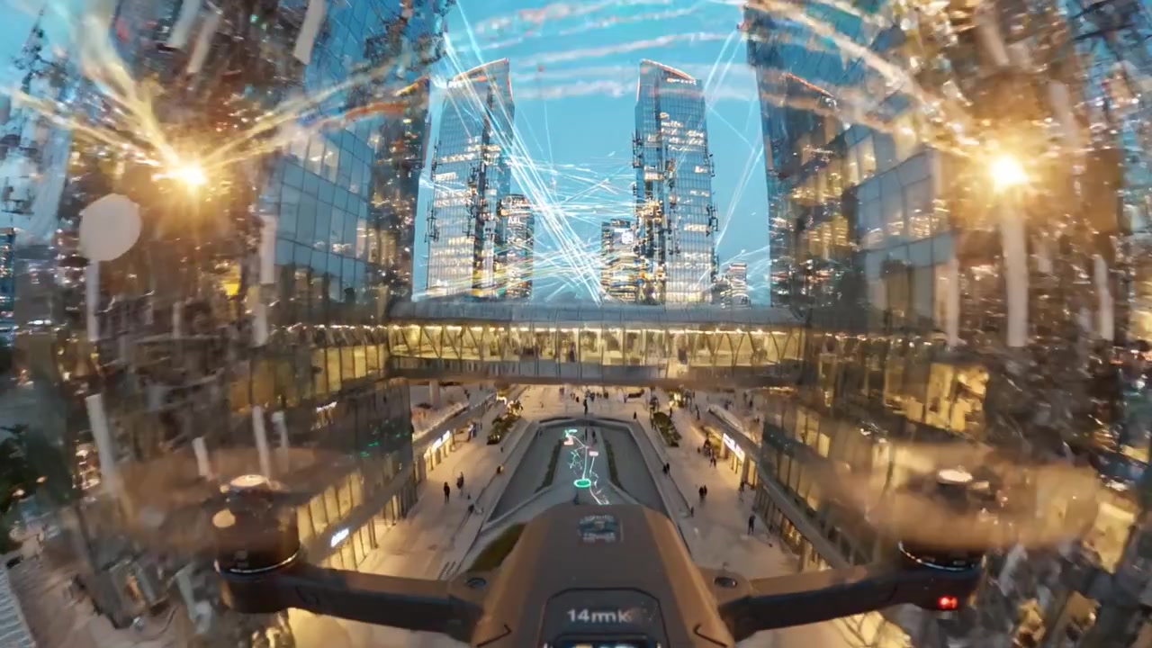 Drone Footage Capturing Stunning Views of Modern Urban Architecture with Dynamic Lighting and River Reflections at Dusk, Emphasizing Innovation and City Life