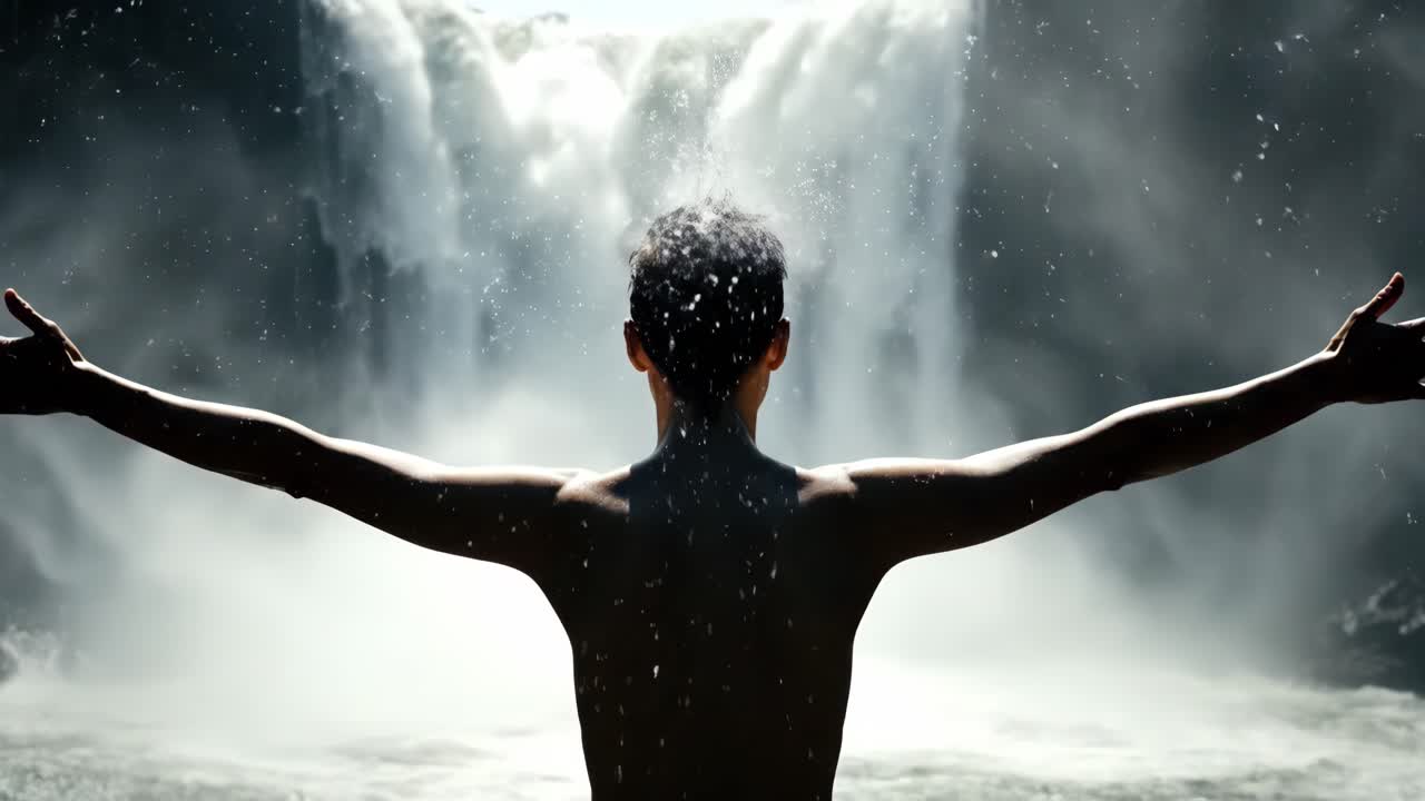 Man enjoying the view of a waterfall
