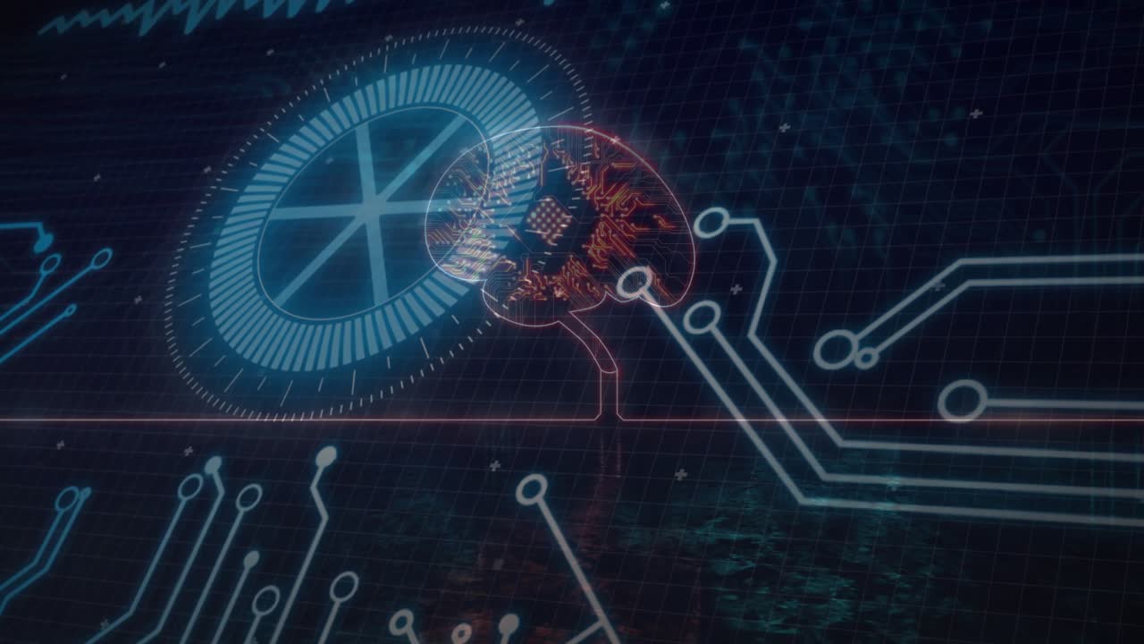 Brain-shaped microchip floating and connecting on grid, showing glowing lines and UI dial segments