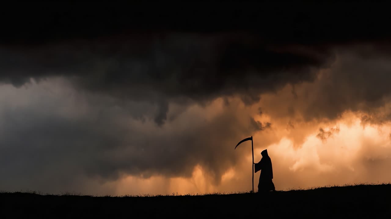 Transformation dramatique : une silhouette sombre tenant une faux sur un ciel enflammé représente le cycle de la vie et de la mort au milieu de sombres nuages d'orage.
