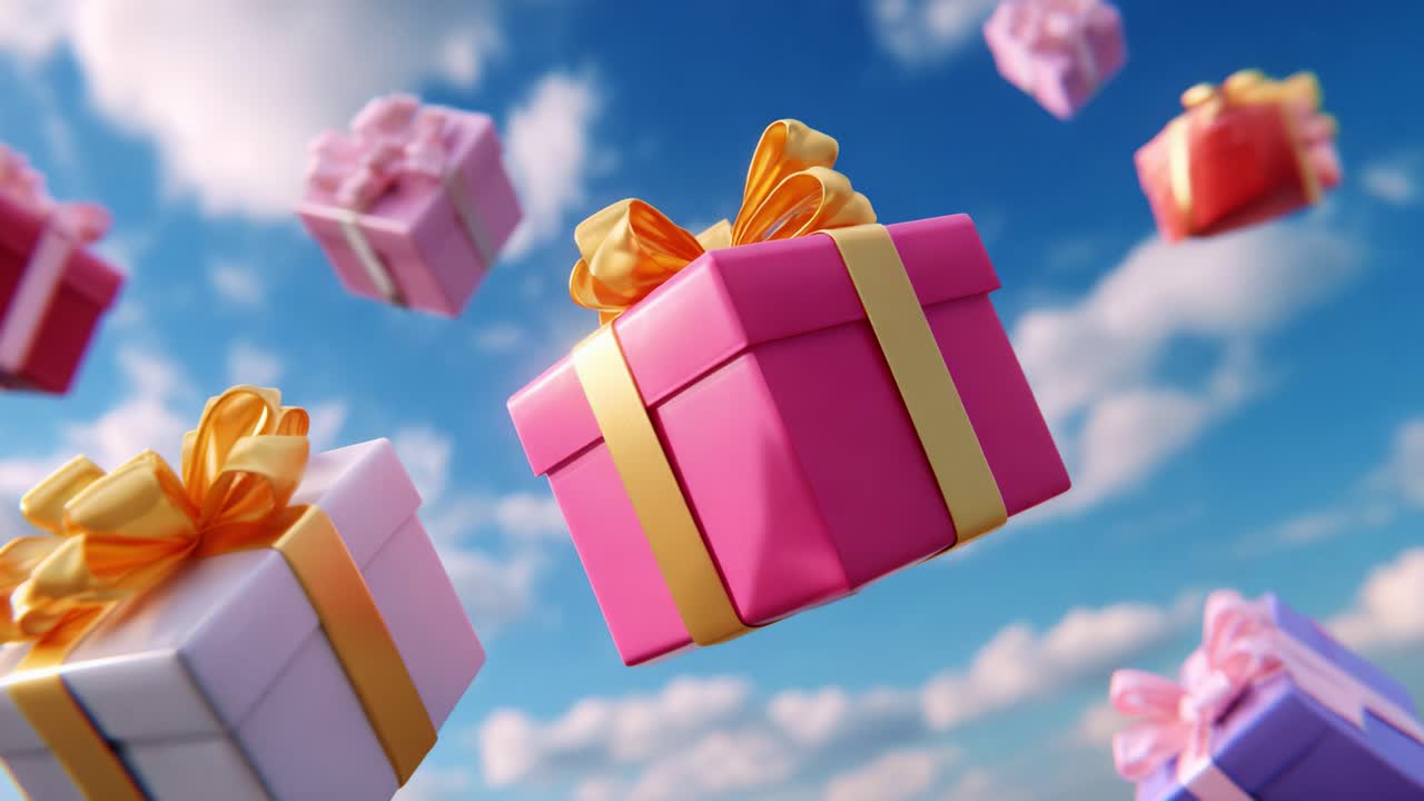 Colorful Floating Gift Boxes Against a Bright Sky with Fluffy Clouds: A Celebration of Joy and Surprise with Vibrant Presents in Various Shapes and Sizes, Perfect for Birthdays, Holidays, and Special Occasions