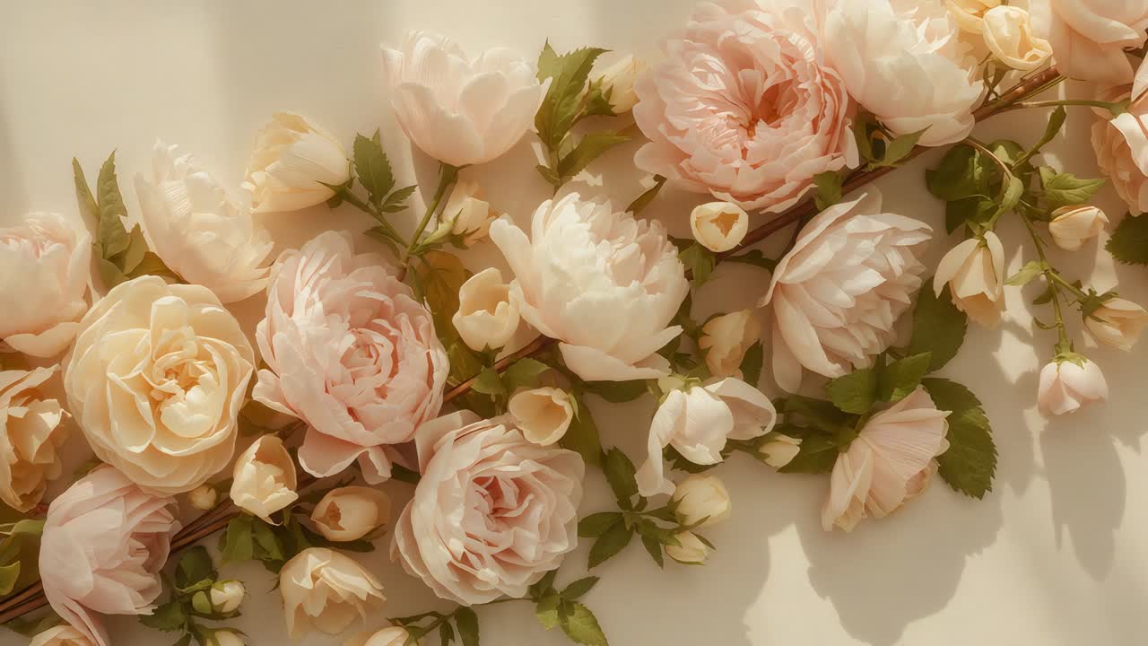Luce mutevole, microcamera in movimento che mostra una ghirlanda rosa pallido in studio per un allestimento decorativo con boccioli.