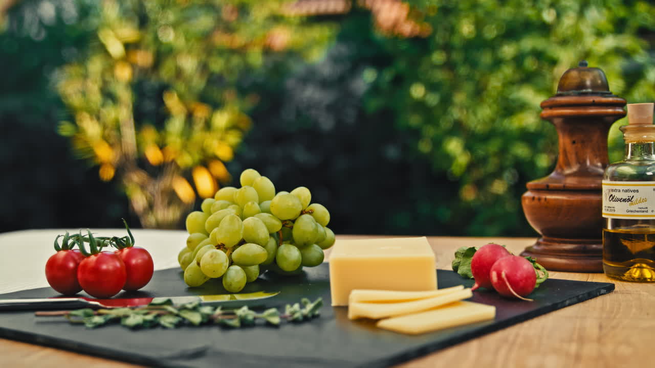 A picturesque garden table showcasing an assortment of mouthwatering snacks including cheese and grapes. Great for food vlogs, recipe videos, and appetizing product presentations