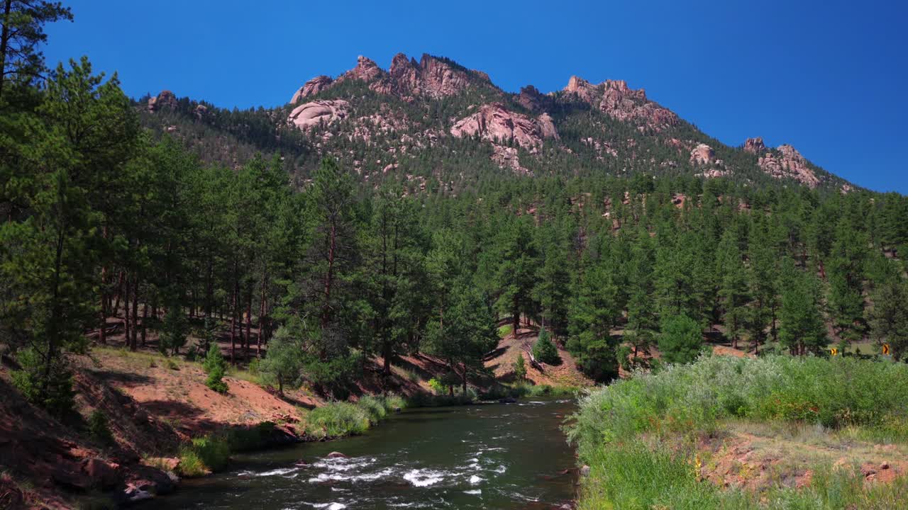 Summer Deckers Foxton North Fork South Platte River Conifer Pine aerial drone Colorado Trail Pike National Forest fly fishing Sheep mountain Buffalo Creek Platte Canyon morning sunny blue sky left