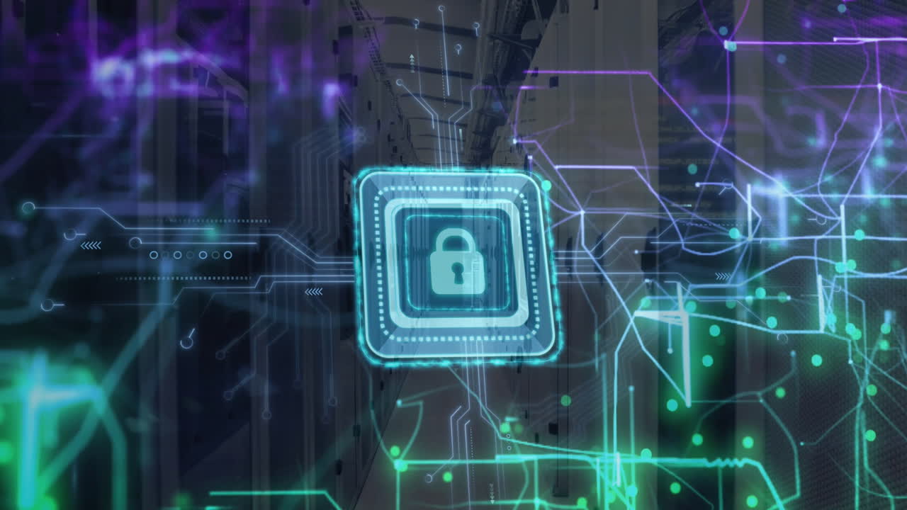 animación de la red de conexiones con candado sobre la sala del servidor