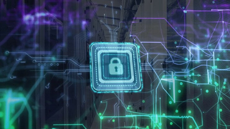 Animazione di una rete di connessioni con lucchetto su una sala server.