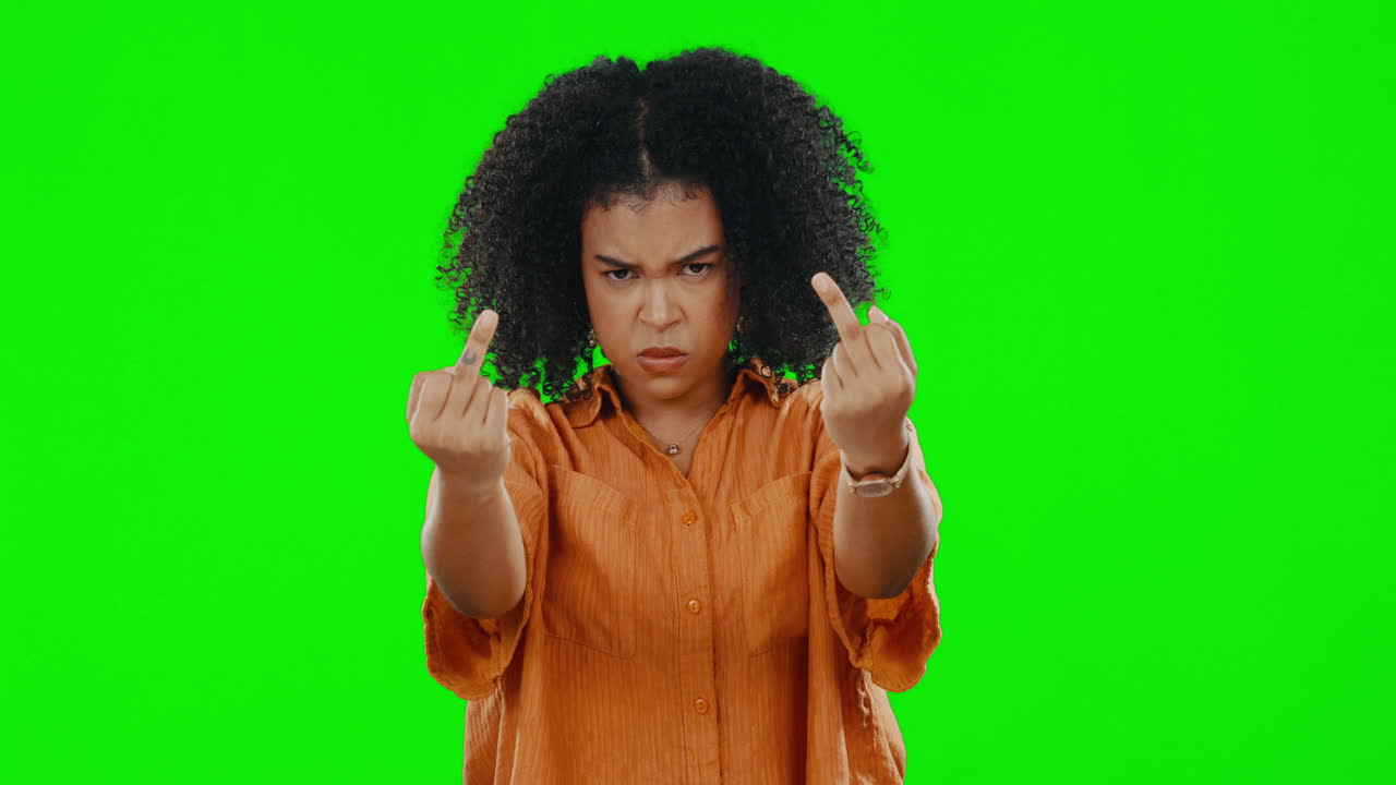 Face, green screen and woman with middle fingers