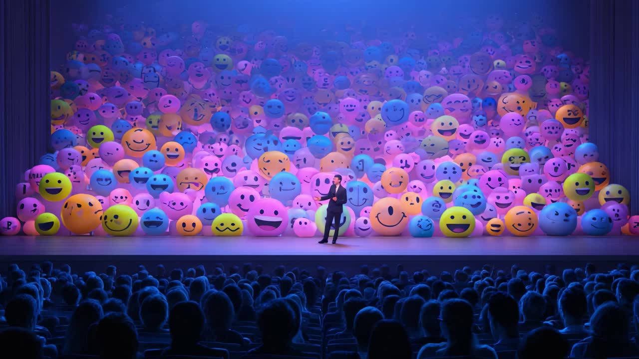 A Vibrant Stage Filled with Colorful Emoji Faces and a Performer in the Spotlight Capturing the Joyful Essence of Expression Through a Playful and Engaging Visual Display Enveloping the Audience
