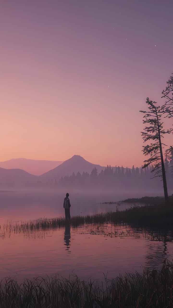 Vertical video: Standing adult in long coat watching twilight deepening at lake with lone tree