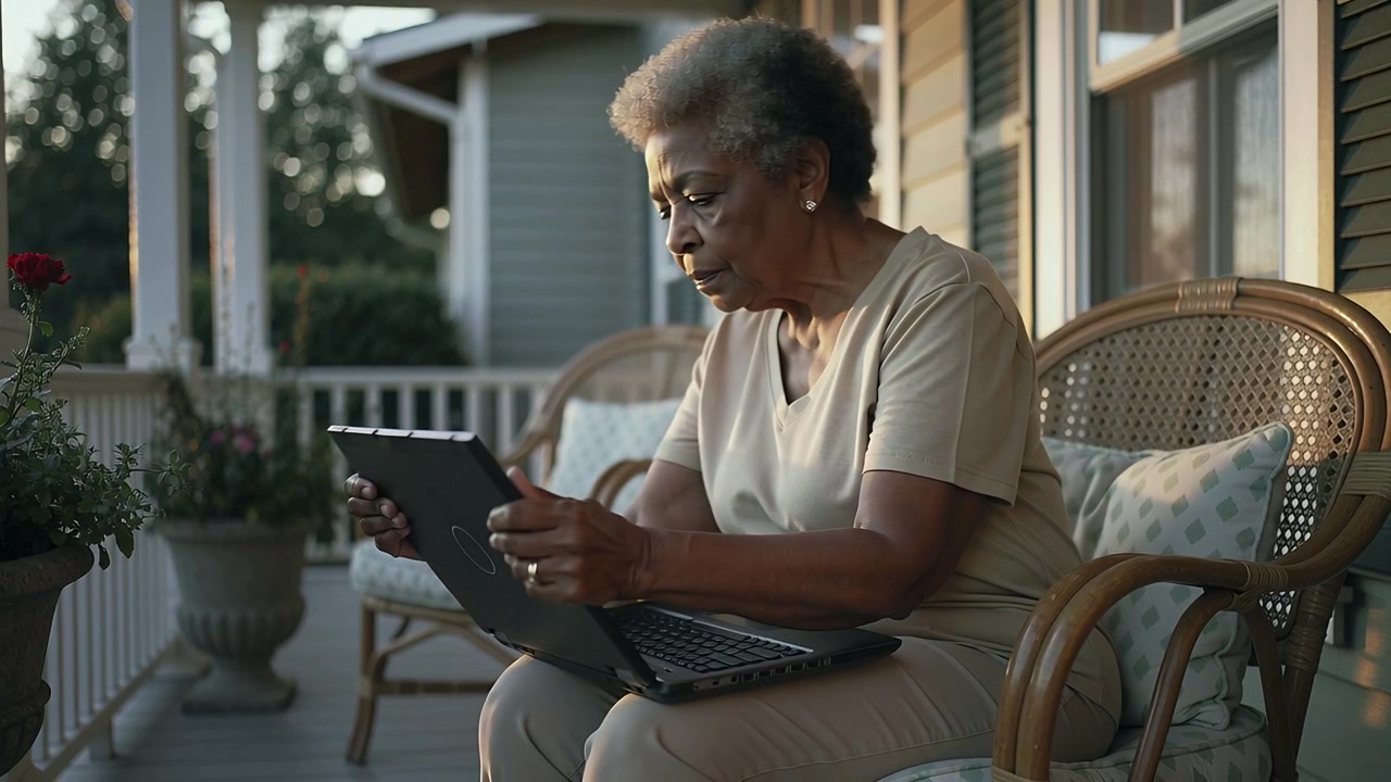 Opening folding laptop, senior woman flipping into tablet on porch, tilting screen reducing glare
