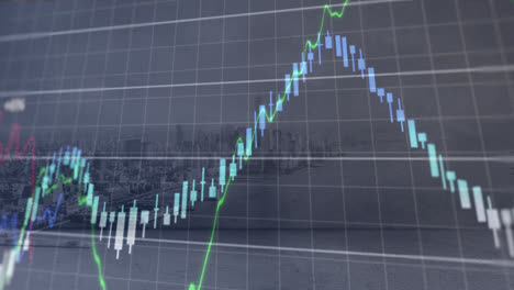 animación del procesamiento de datos financieros sobre el paisaje urbano
