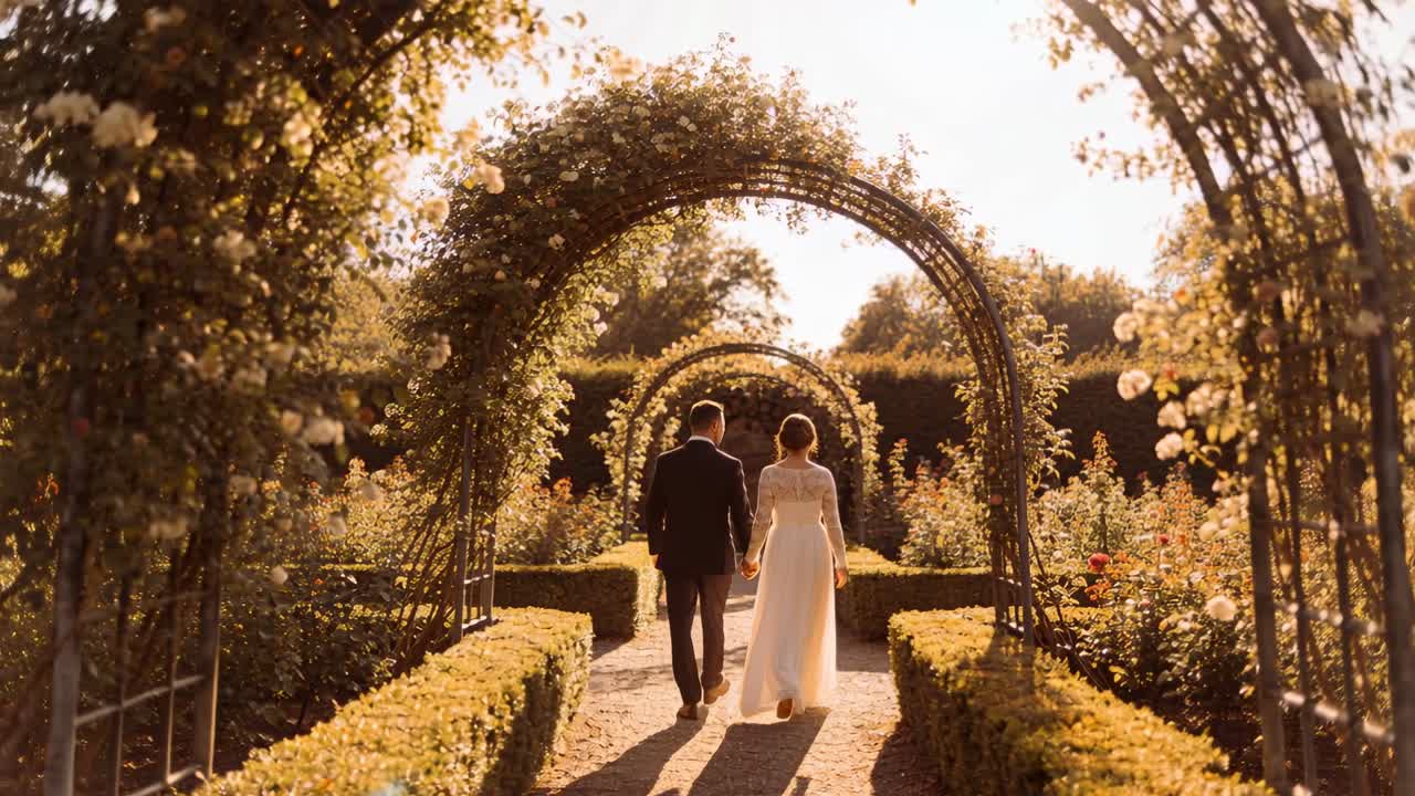 Vertical video: Walking bride in white gown and groom in dark suit toward rose arbors, backlit