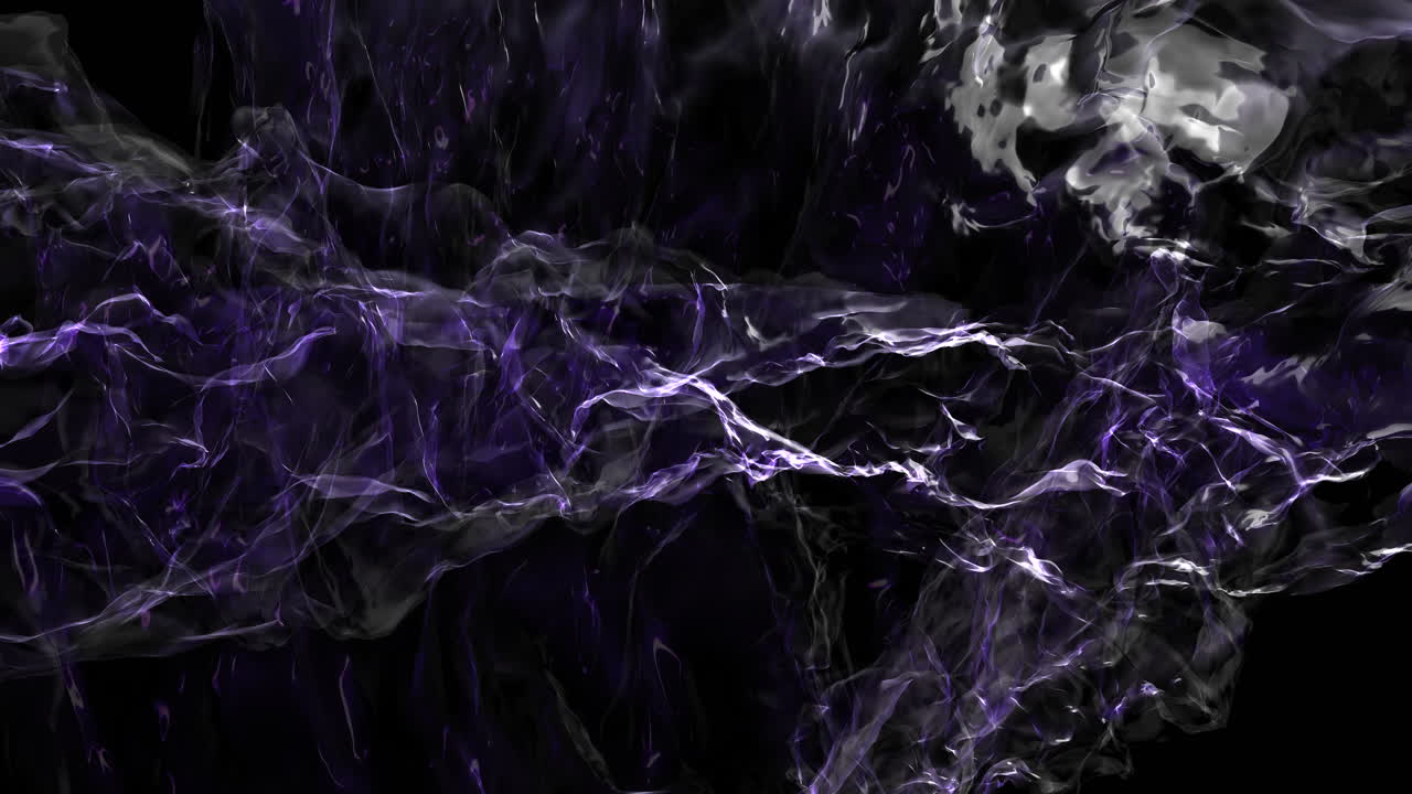 Dynamic dark abstract purple energy waves flow across a black background in constant motion, creating a futuristic sci-fi texture ideal for technology, music visuals, titles and video projects
