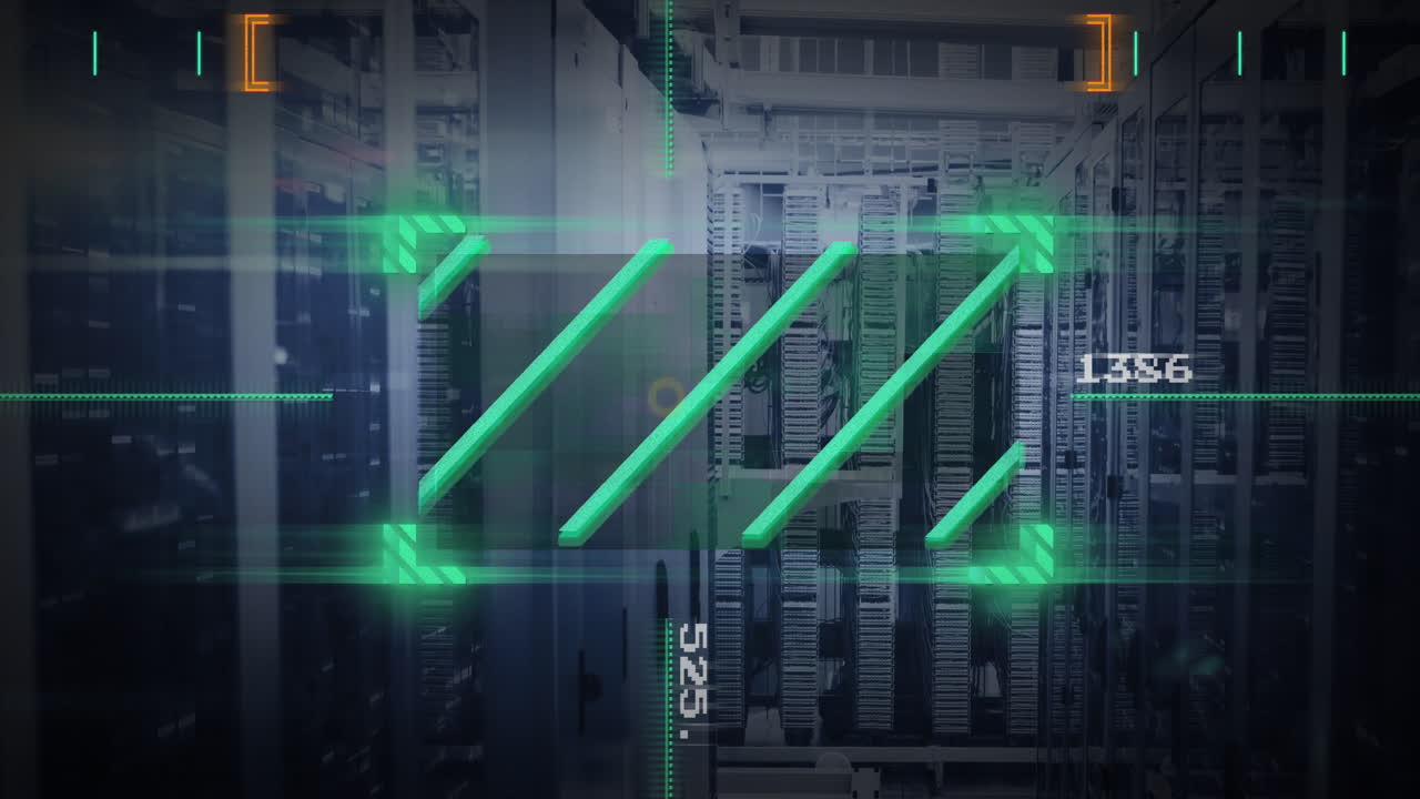 Data processing animation overlaying digital interface in data center server racks