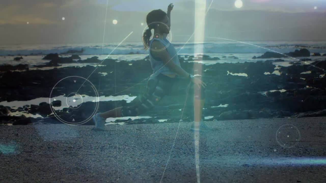 animación de conexiones sobre una mujer biracial practicando yoga en la playa al atardecer