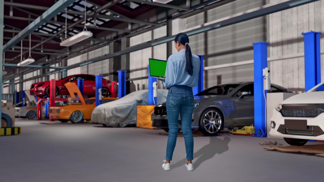 Full Body Back View Of Asian Female in Auto Repair Shop, Typing On Laptop'S Keyboard With Green Screen And Look At Factory