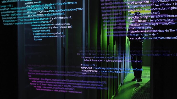 Computer code animation over person walking through server room