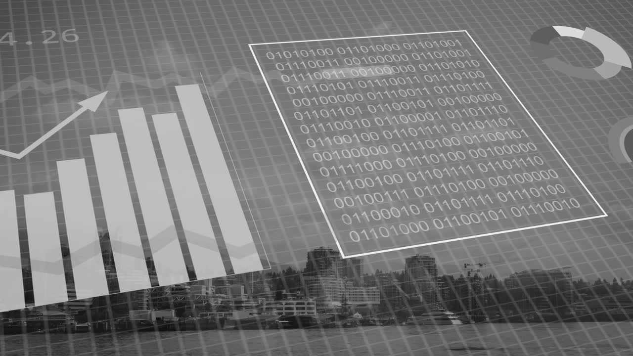 animación del procesamiento de datos financieros sobre el paisaje urbano