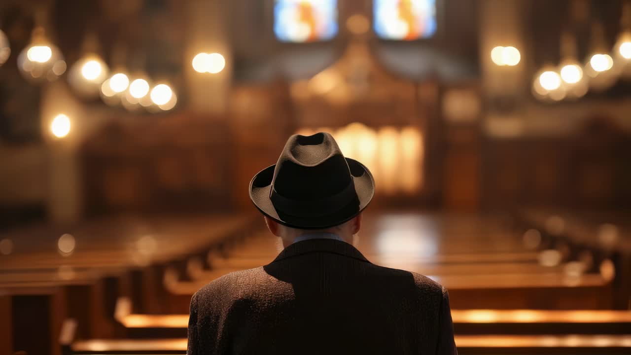 Elderly gentleman wearing classic hat slowly walking along church pews, moving toward softly lit altar with quiet reverence and deep contemplation