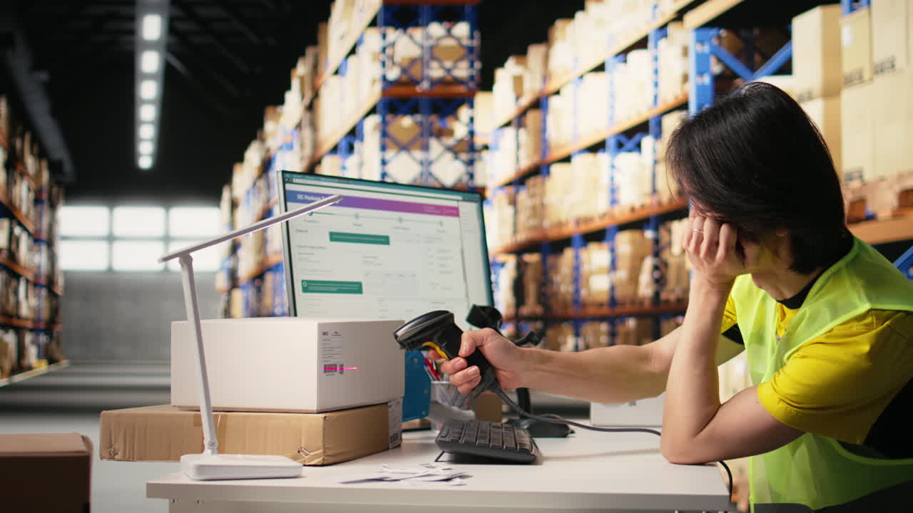 Vertical Video Sleepy asian staff member dealing with burnout in industrial warehouse