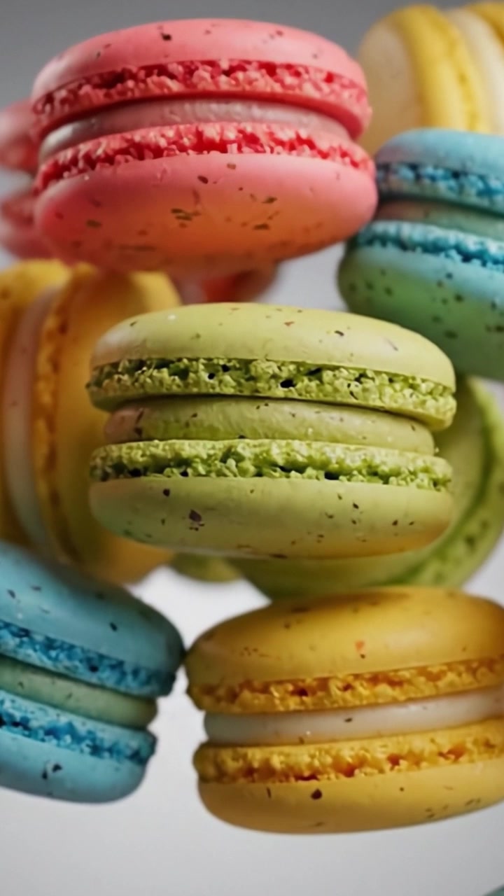 A Colorful Array of Delicious Macarons Floating in the Air, Showcasing Their Vibrant Hues and Unique Textures in a Whimsical Display of Confectionery Joy