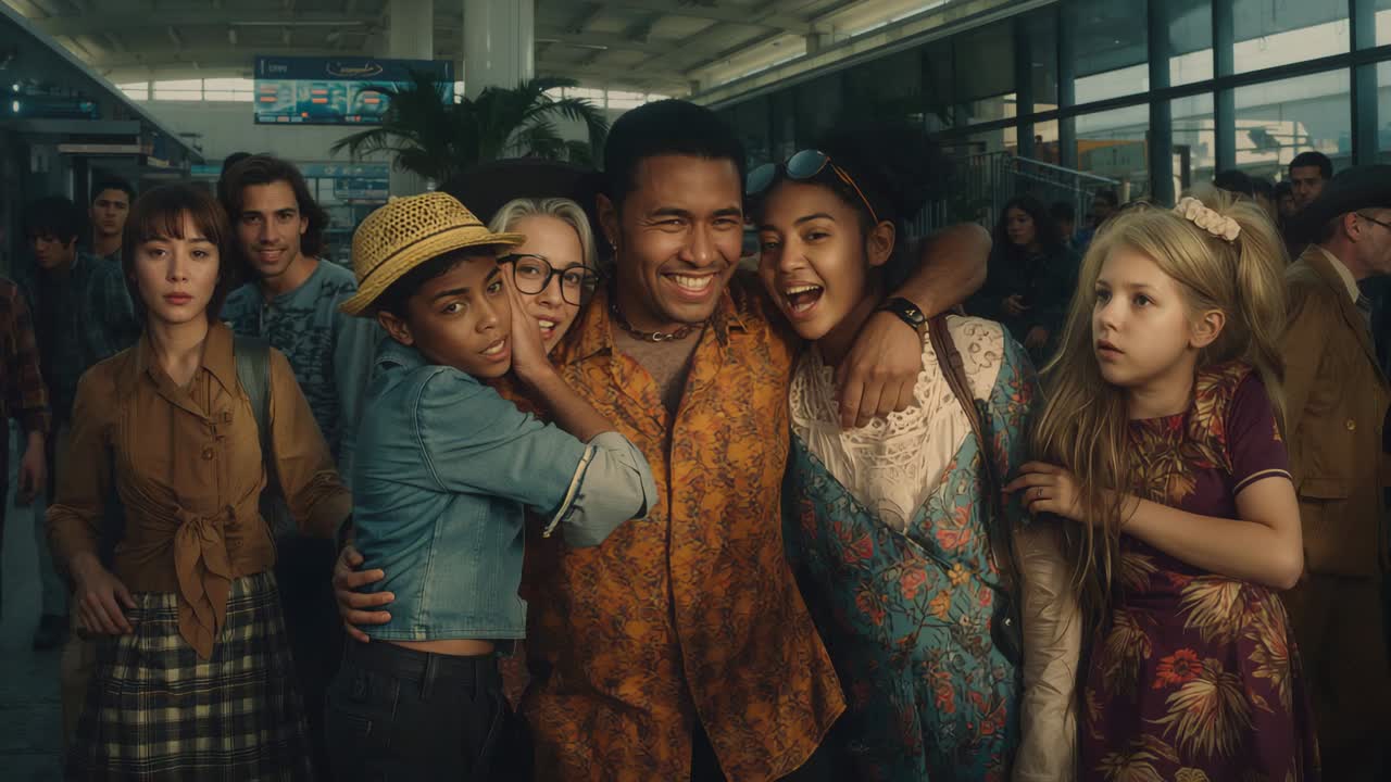 Welcoming group hugging newcomer approaching at arrival hall, under flight display