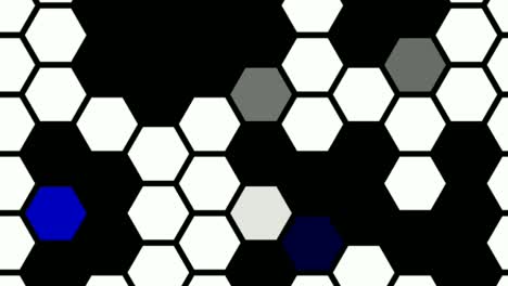 White-honeycomb-pattern-with-blue-flashing-elements,-black-background