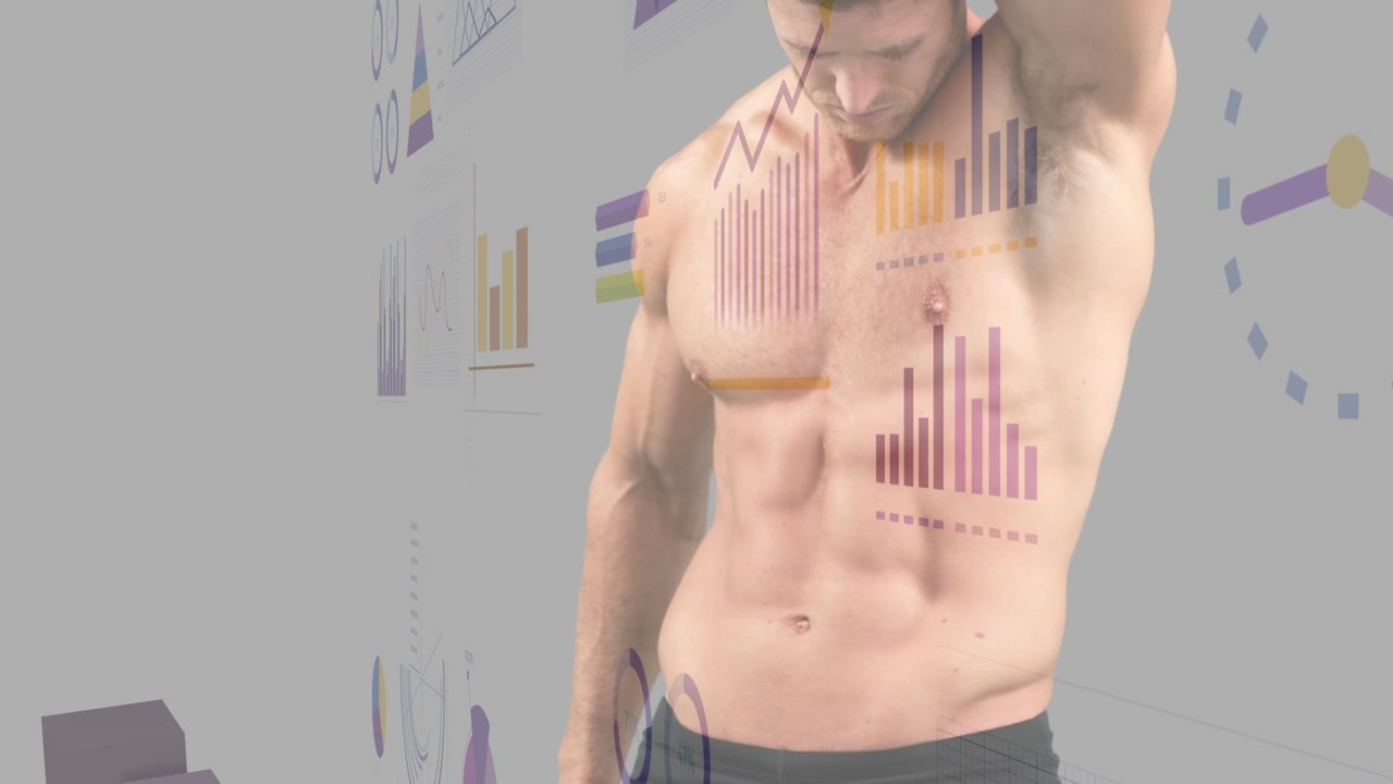 Modelo de fitness masculino posando en estudio, con gráficos deslizándose desde la izquierda y alineándose con el torso para fitness.