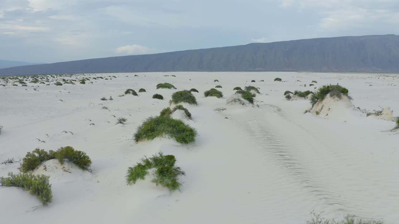 Aerial view of gypsum white sand dunes in protected area of Cuatro Cienegas Mexican desert, Coahuila