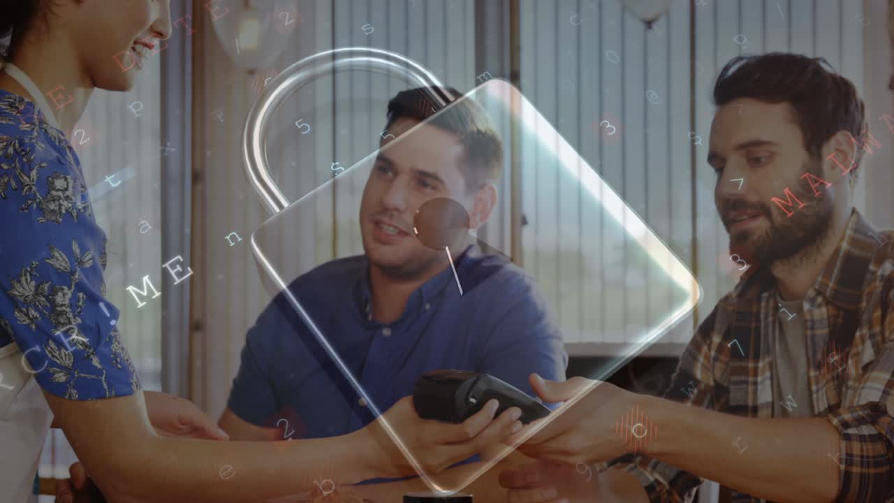 animación del candado de seguridad de la red sobre las personas que utilizan el terminal de pago