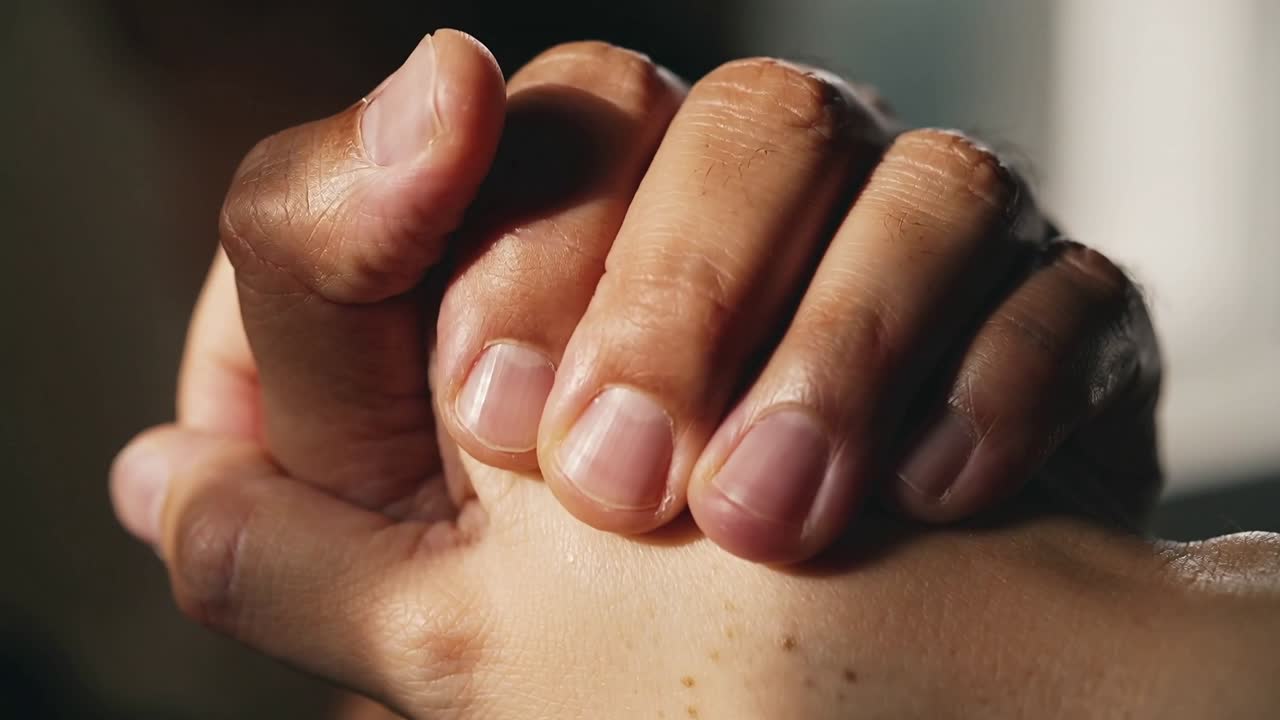 Placing dark hand over light hand, pair tightening grip at close-up with freckles, offering comfort