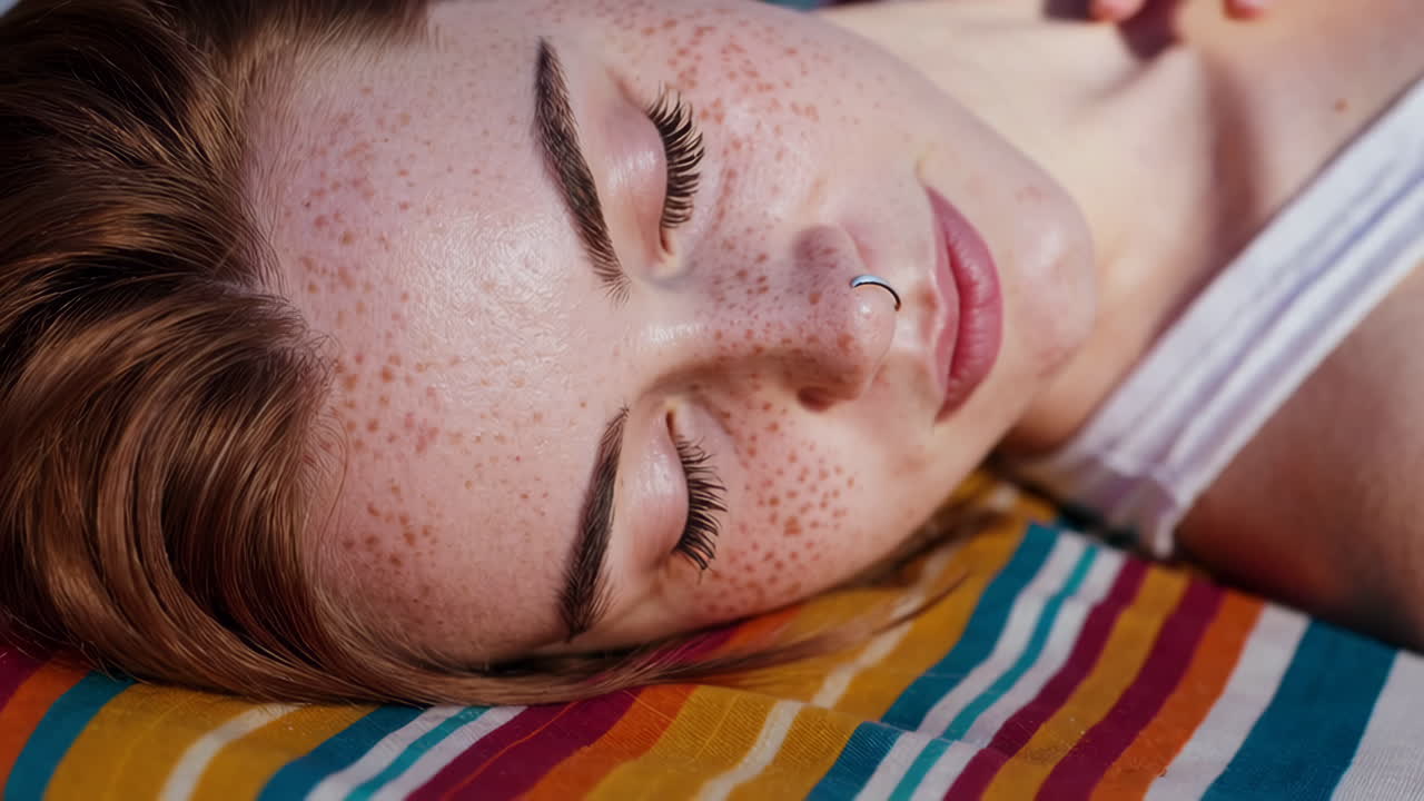 Close-up portrait of a person with freckles and a nose piercing, relaxing with eyes closed on a striped surface