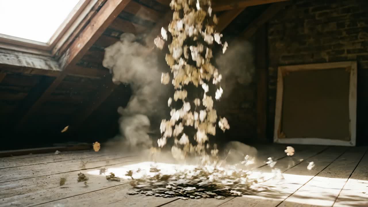 Puzzle Pieces Falling and Accumulating on a Dusty Attic Floor