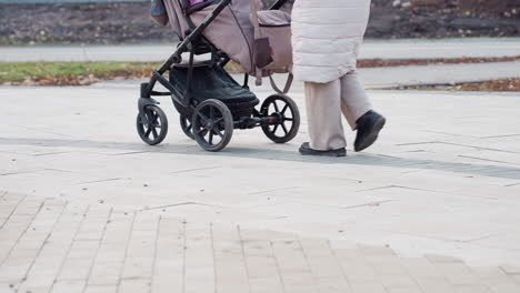 lower view of mother pushing baby stroller along paved park path on cool day, wearing warm outfit and walking slowly as stroller wheels roll smoothly across clean urban ground tiles